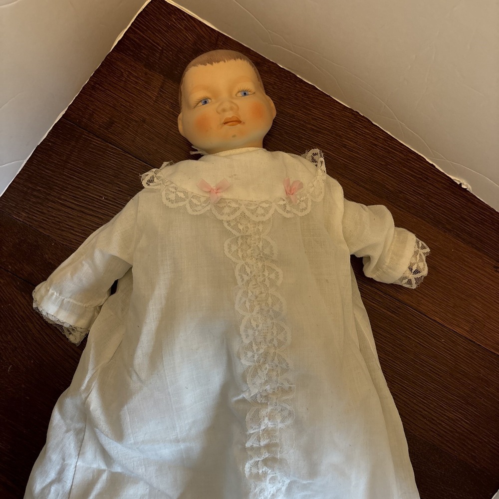 Handmade‎ hand painted vintage porcelain baby doll in baptism gown Pink Bows